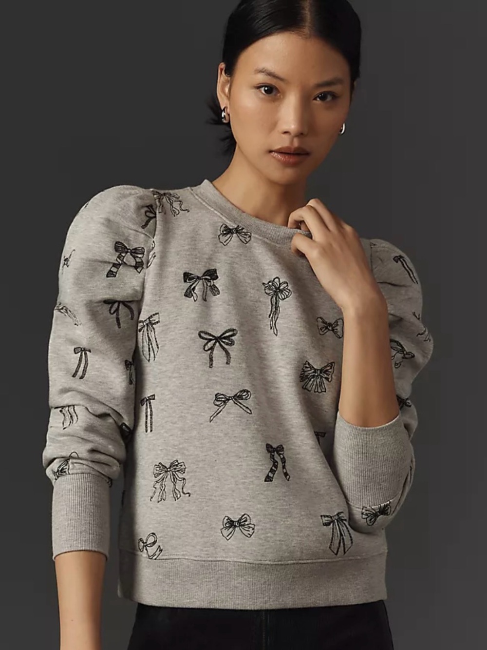 Anthropologie Maeve Gray Bow-Print Puff Sleeve Sweatshirt